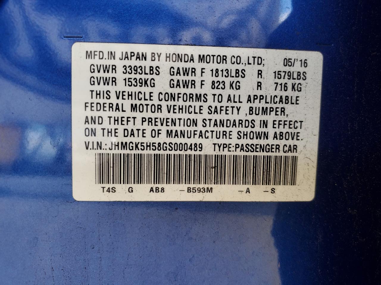 2016 Honda Fit Lx VIN: JHMGK5H58GS000489 Lot: 93764165