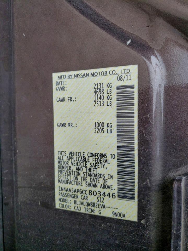 2012 Nissan Maxima S VIN: 1N4AA5AP6CC803446 Lot: 93849475