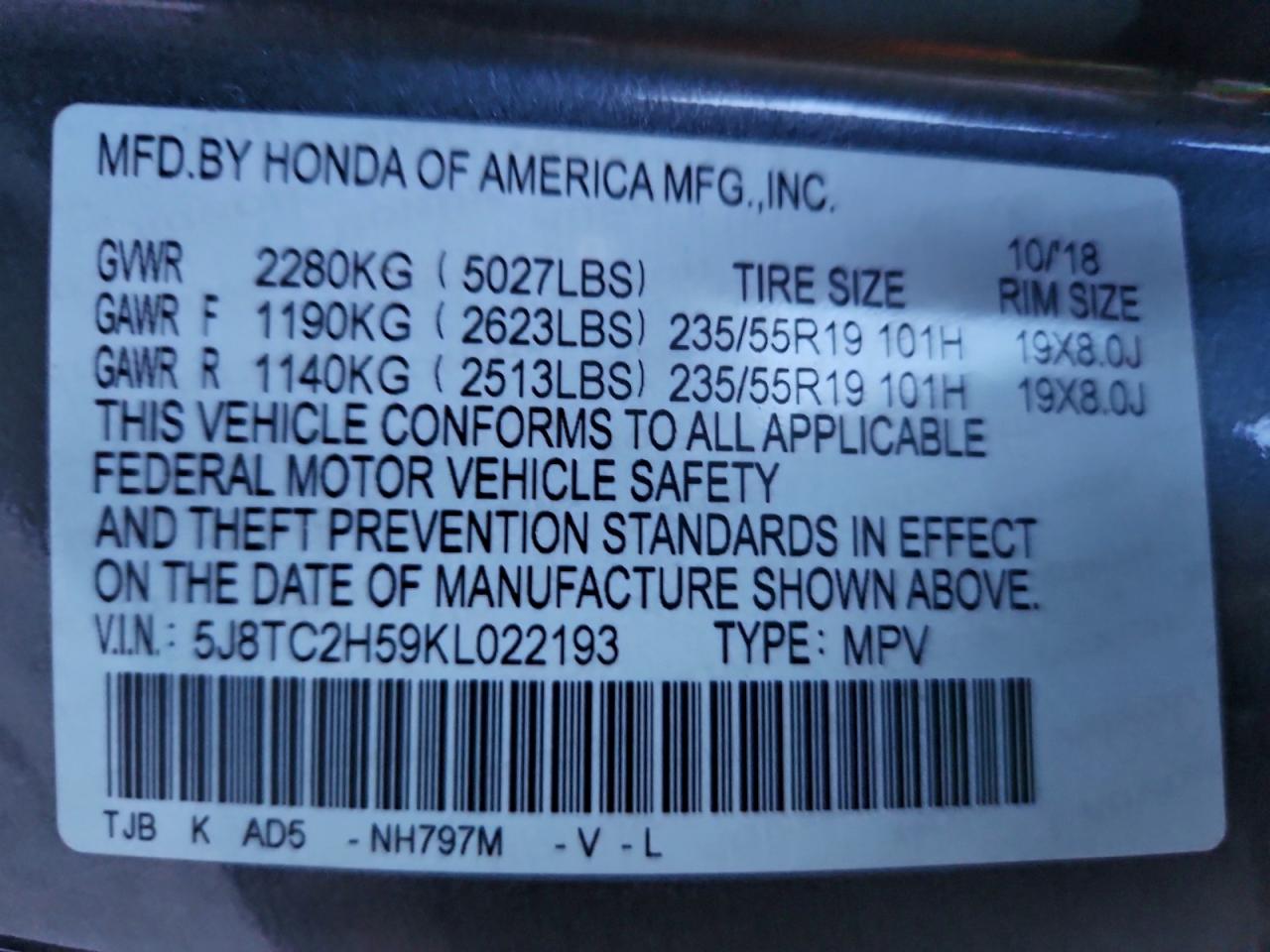 2019 Acura Rdx Technology VIN: 5J8TC2H59KL022193 Lot: 94798285