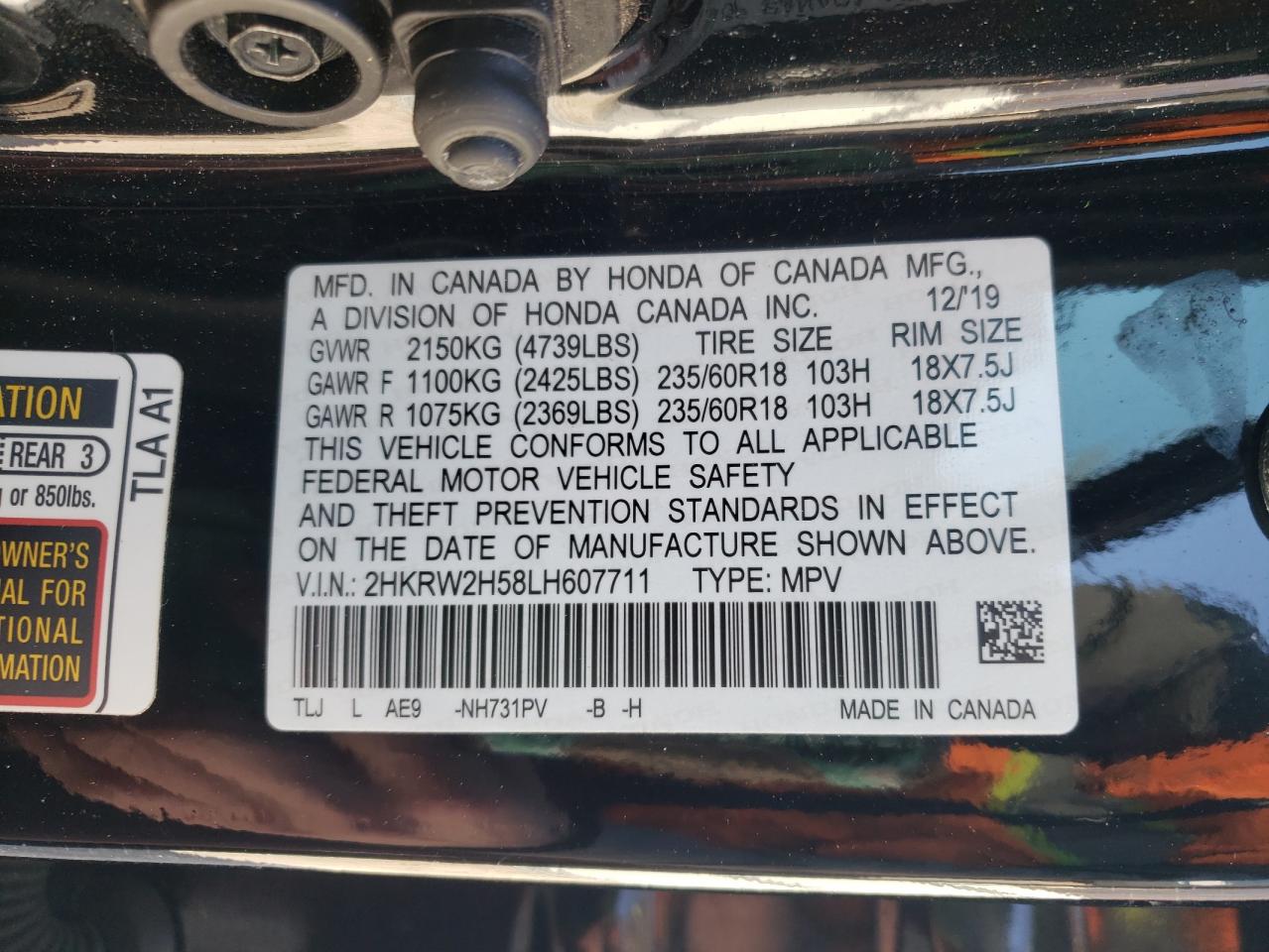 2020 Honda Cr-V Ex VIN: 2HKRW2H58LH607711 Lot: 93744405