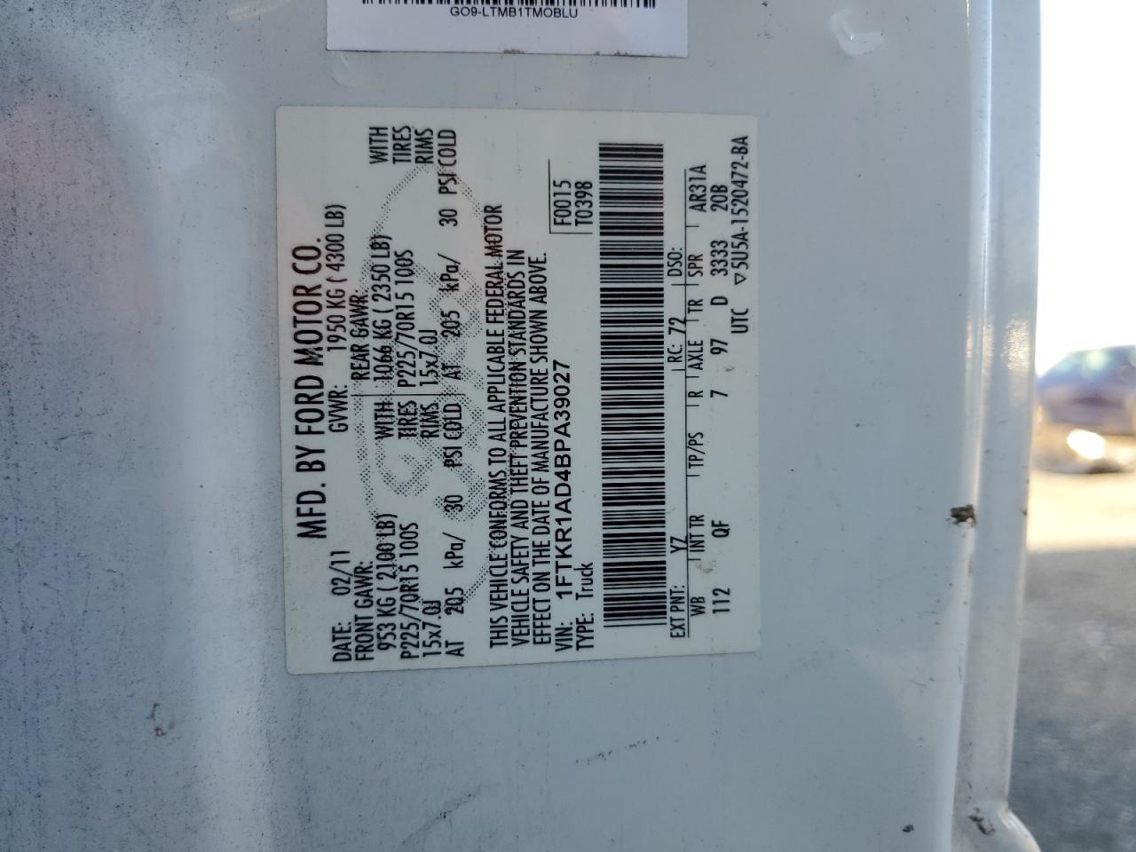 2011 Ford Ranger VIN: 1FTKR1AD4BPA39027 Lot: 93283655