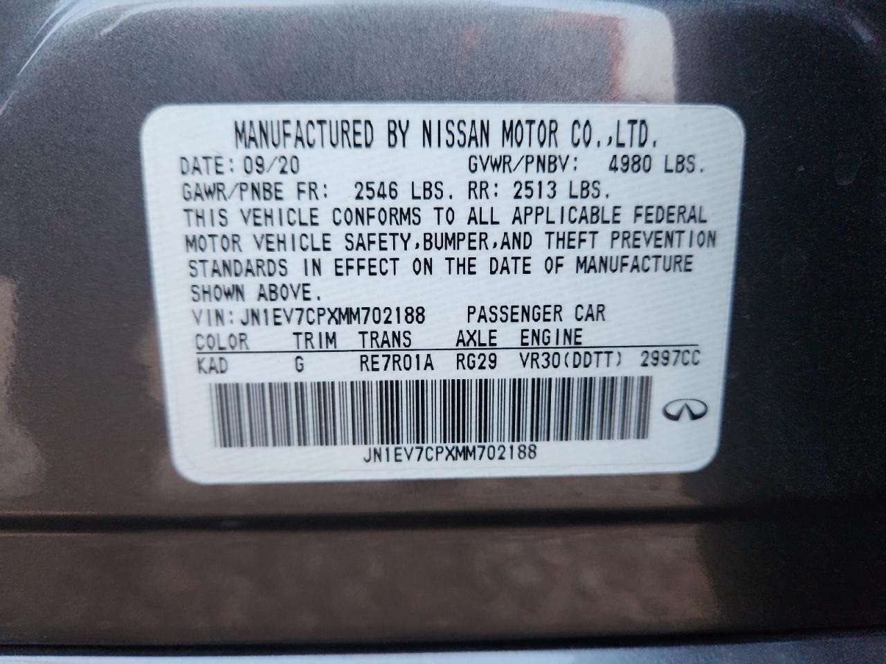 2021 Infiniti Q50 Sensory VIN: JN1EV7CPXMM702188 Lot: 92943785