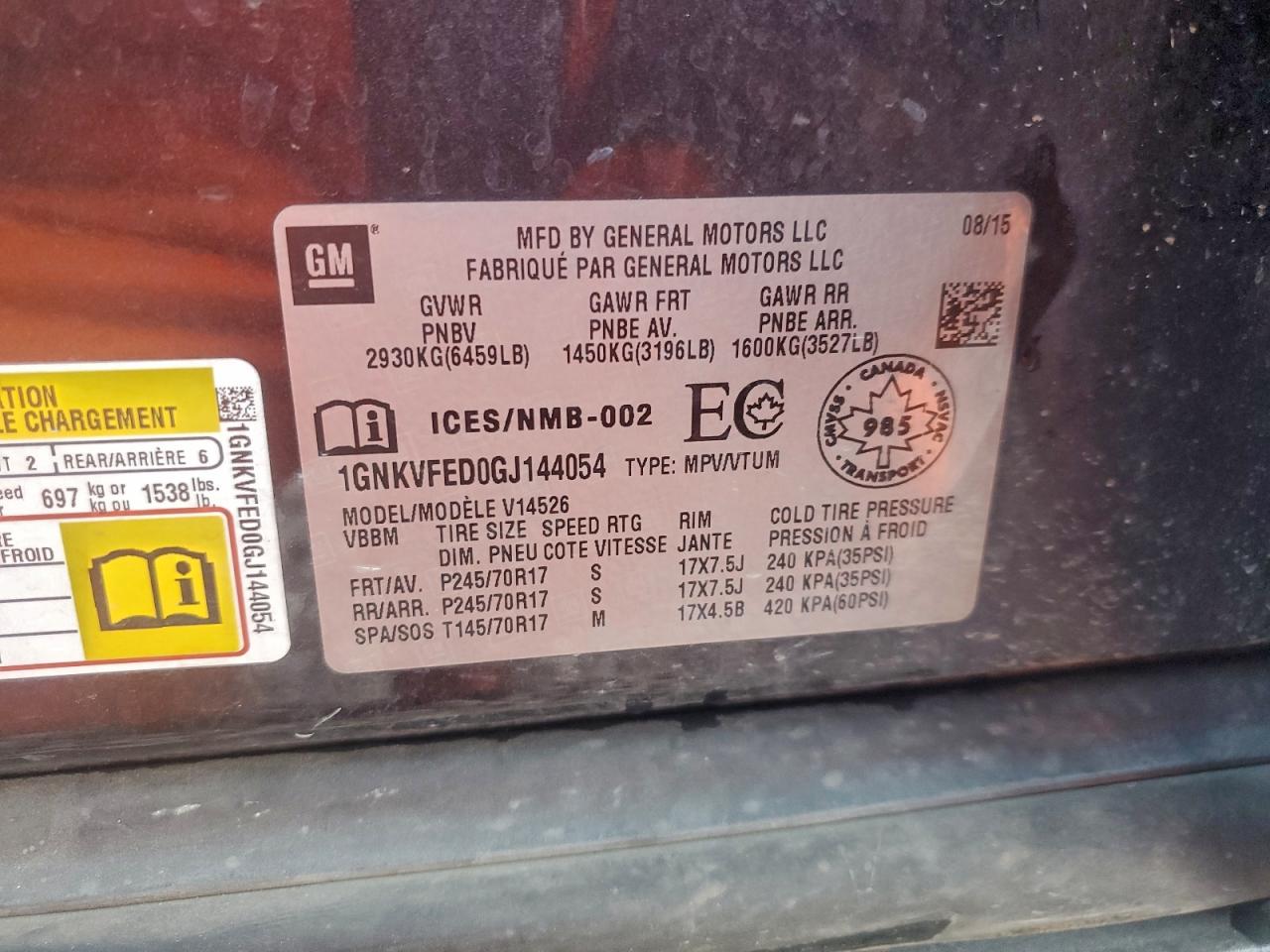 2016 Chevrolet Traverse Ls VIN: 1GNKVFED0GJ144054 Lot: 93017135