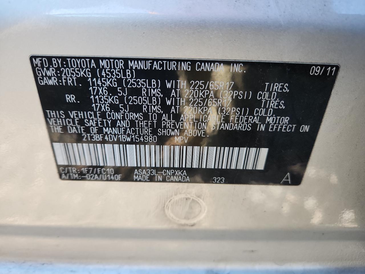 2011 Toyota Rav4 VIN: 2T3BF4DV1BW154980 Lot: 92022315