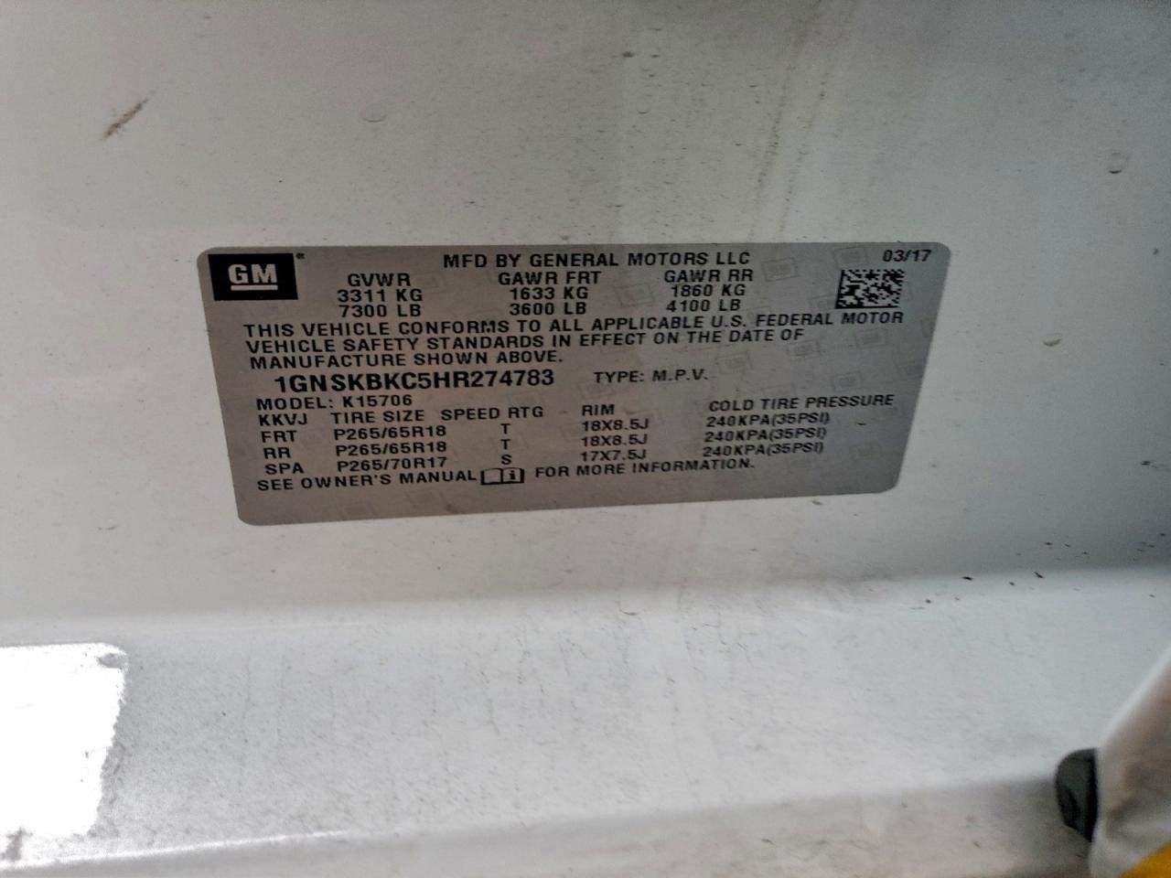 2017 Chevrolet Tahoe K1500 Lt VIN: 1GNSKBKC5HR274783 Lot: 93513145