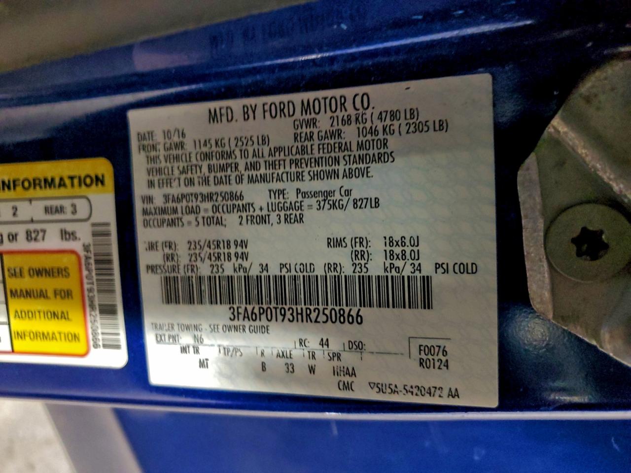 2017 Ford Fusion Se VIN: 3FA6P0T93HR250866 Lot: 93656155