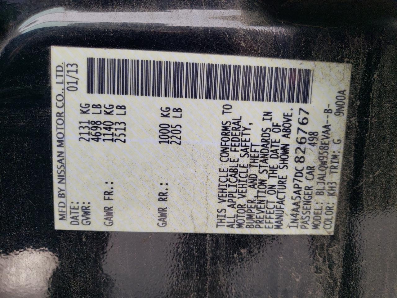 2013 Nissan Maxima S VIN: 1N4AA5AP7DC826767 Lot: 91359435