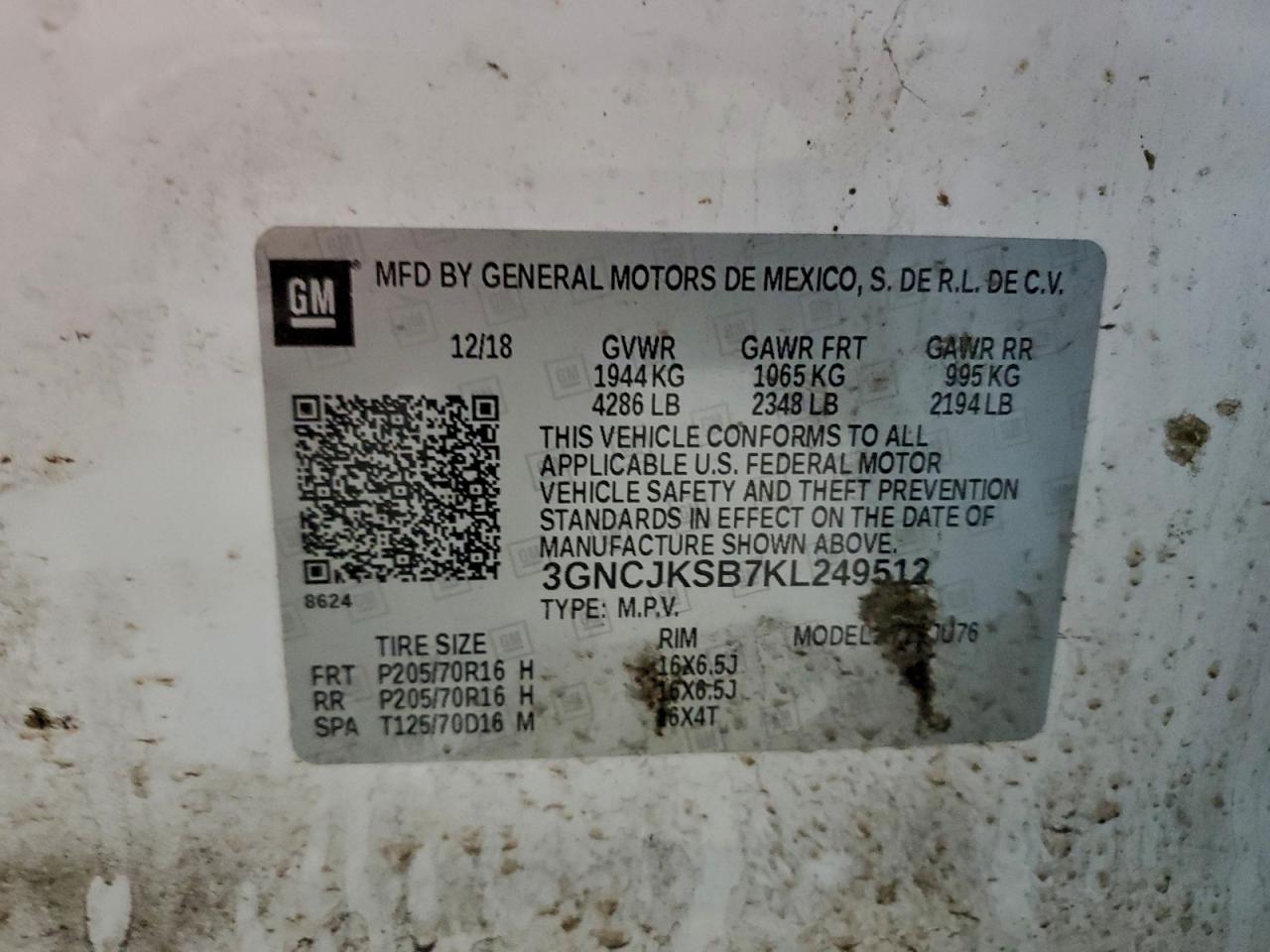 2019 Chevrolet Trax Ls VIN: 3GNCJKSB7KL249512 Lot: 92760095