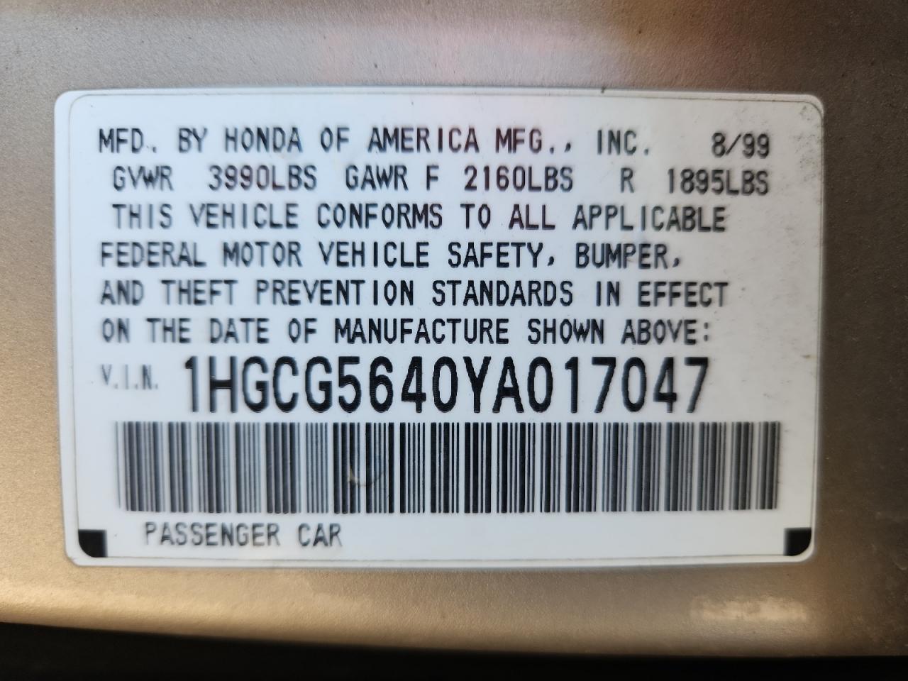 2000 Honda Accord Lx VIN: 1HGCG5640YA017047 Lot: 91873775