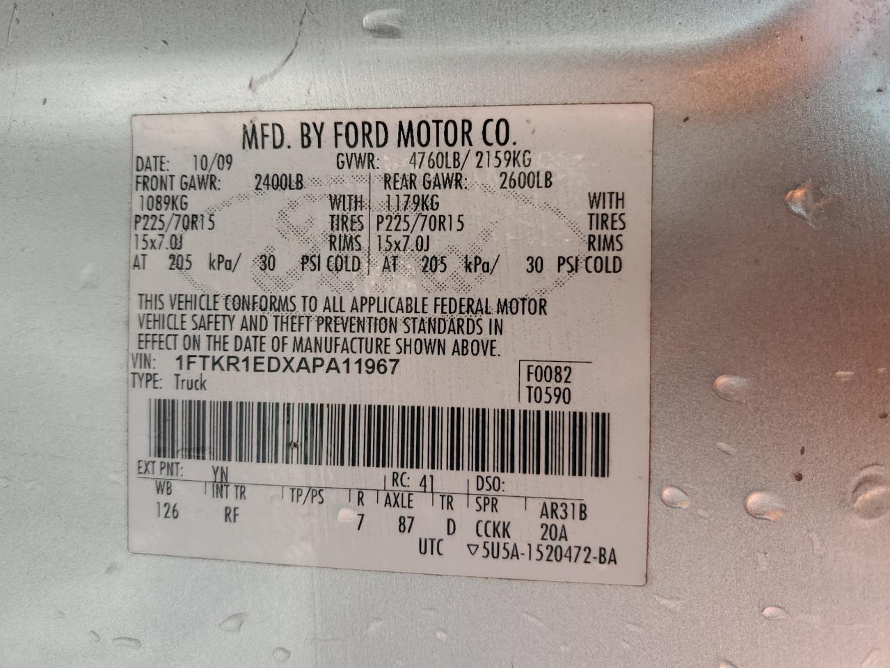 2010 Ford Ranger Super Cab VIN: 1FTKR1EDXAPA11967 Lot: 91319255