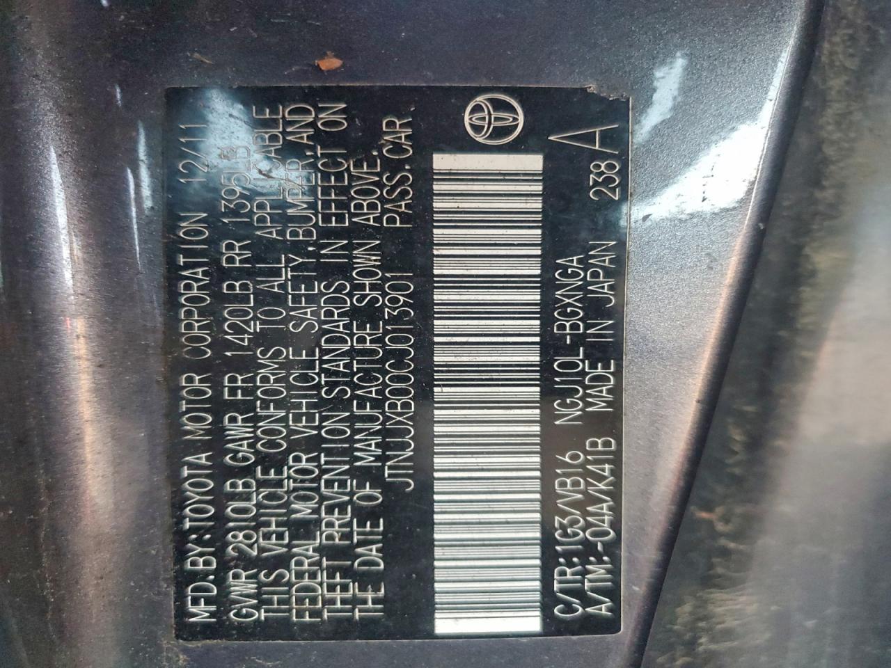 2012 Toyota Scion Iq VIN: JTNJJXB00CJ013901 Lot: 93768745