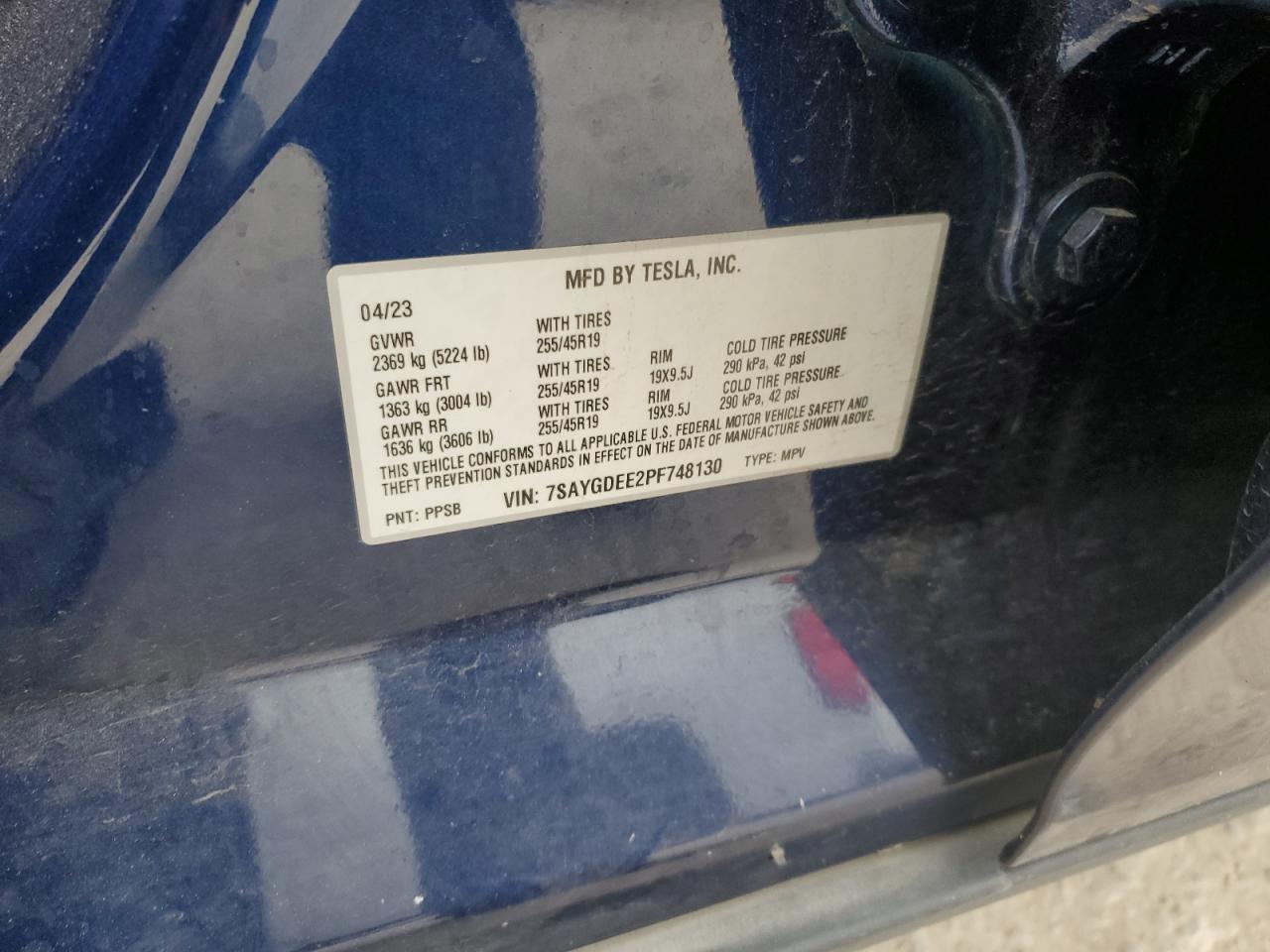 2023 Tesla Model Y VIN: 7SAYGDEE2PF748130 Lot: 93035715