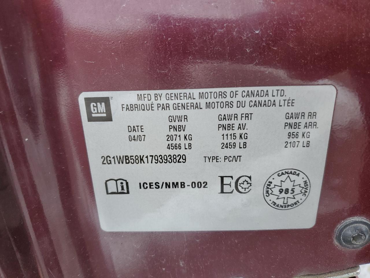 2007 Chevrolet Impala Ls VIN: 2G1WB58K179393829 Lot: 91484715