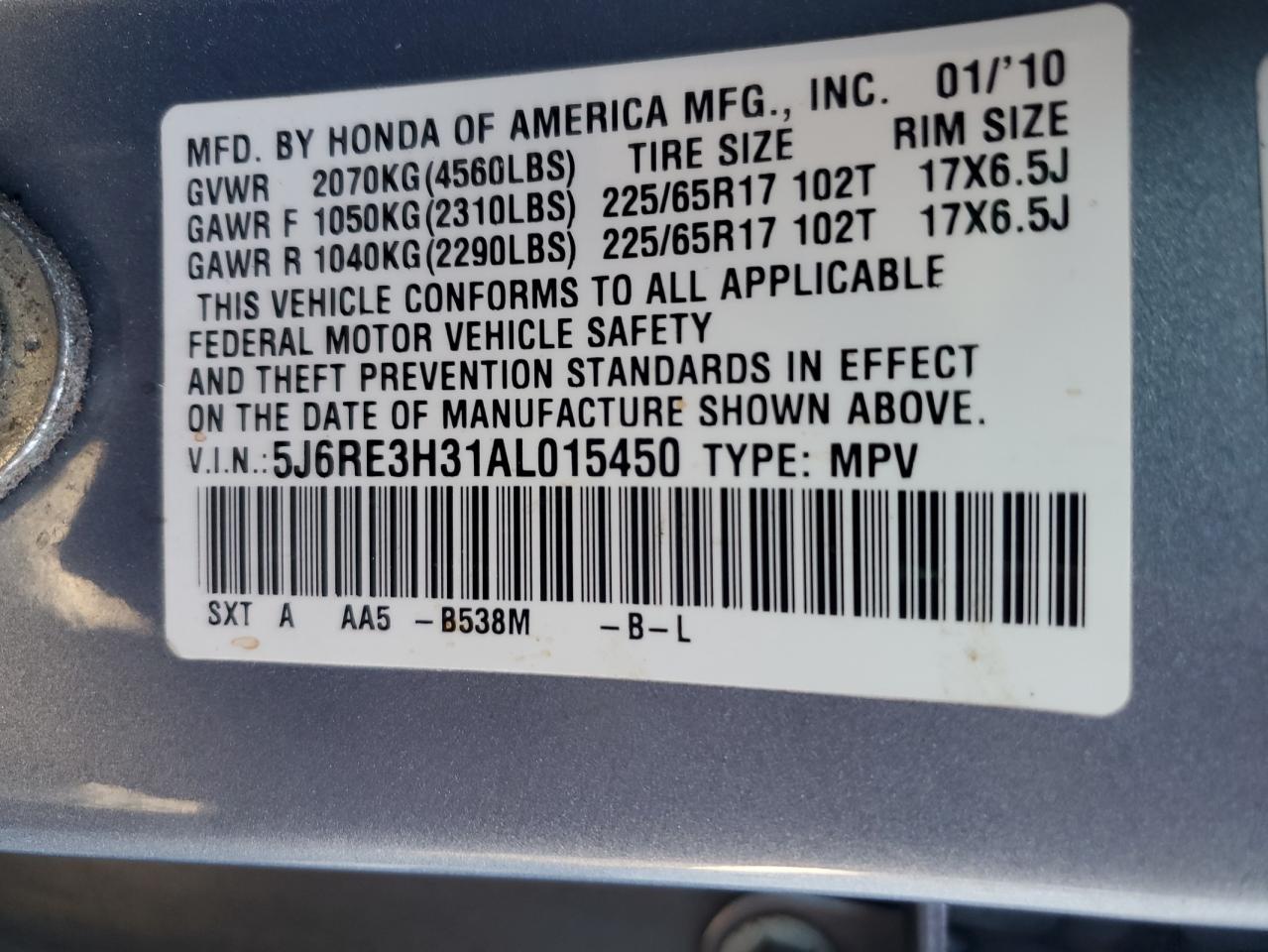 2010 Honda Cr-V Lx VIN: 5J6RE3H31AL015450 Lot: 91353275