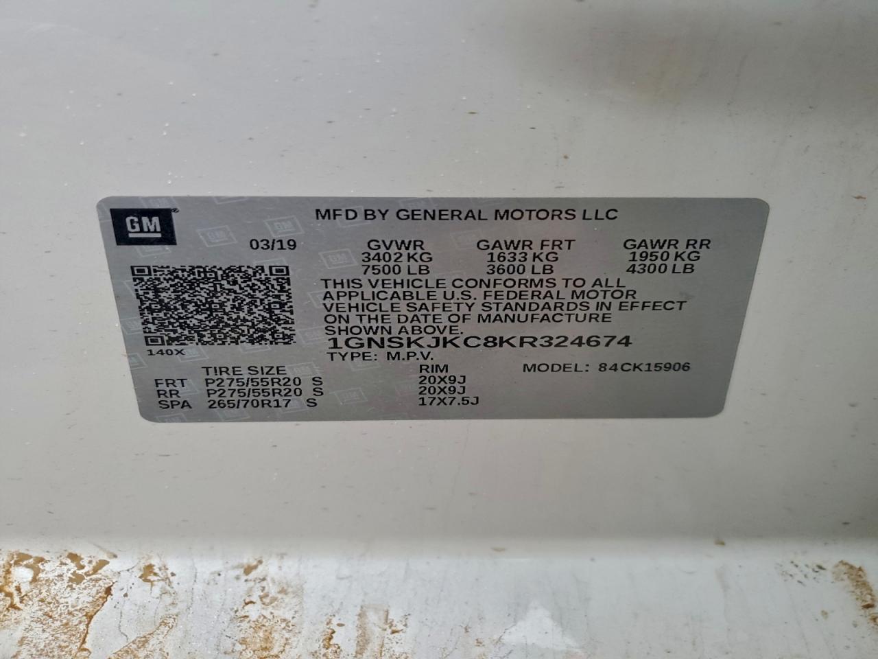 2019 Chevrolet Suburban K1500 Premier VIN: 1GNSKJKC8KR324674 Lot: 93489715