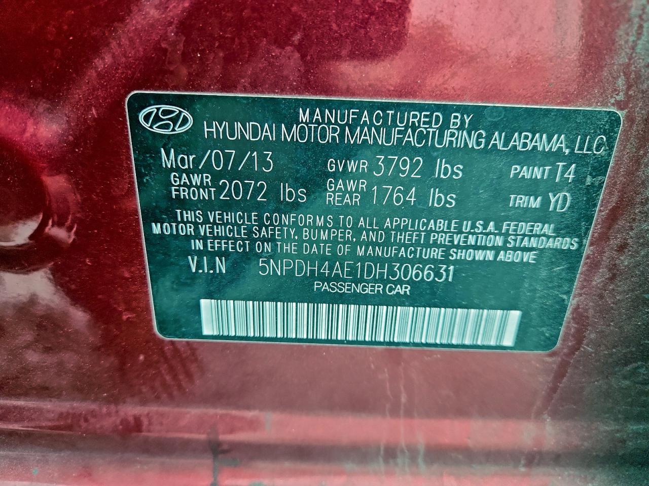 2013 Hyundai Elantra Gls VIN: 5NPDH4AE1DH306631 Lot: 93623485