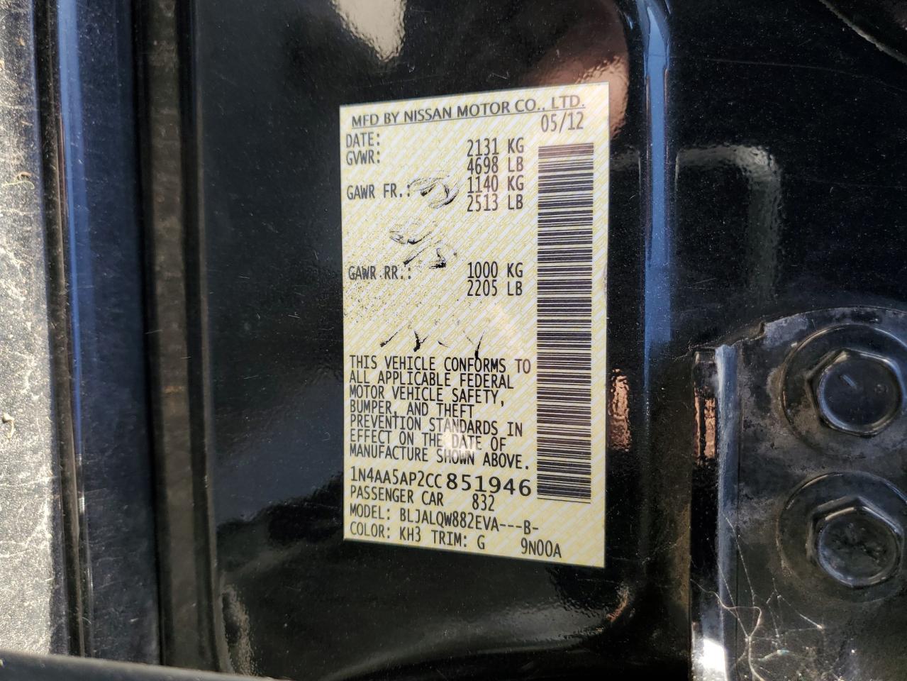 2012 Nissan Maxima S VIN: 1N4AA5AP2CC851946 Lot: 91891995