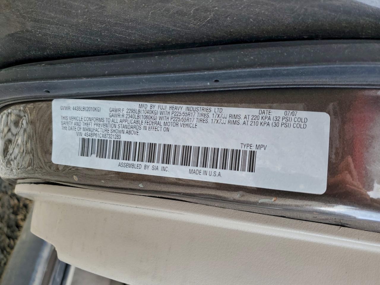 2008 Subaru Outback 2.5I VIN: 4S4BP61CX87321283 Lot: 85659375