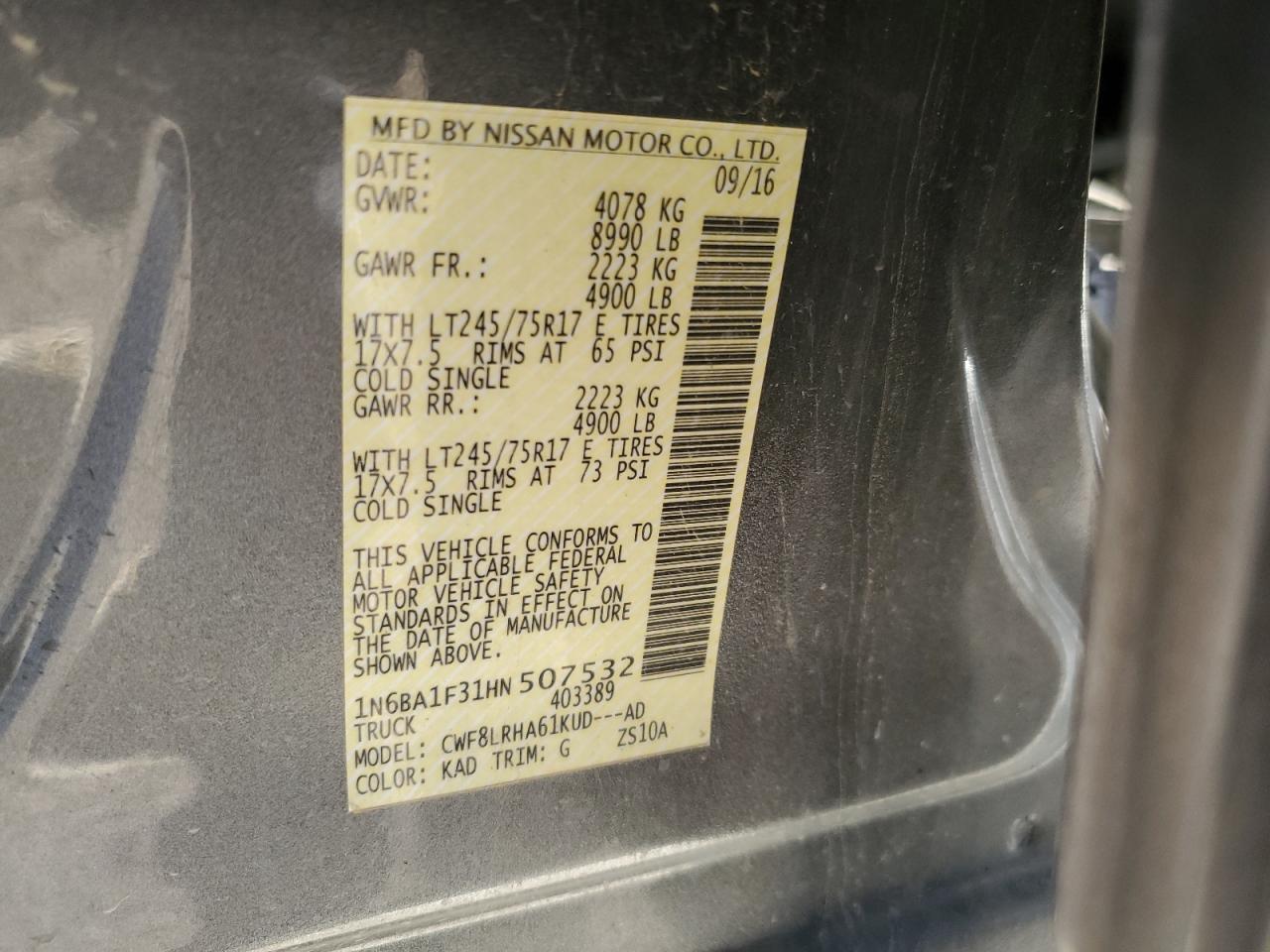 2017 Nissan Titan Xd S VIN: 1N6BA1F31HN507532 Lot: 92839945