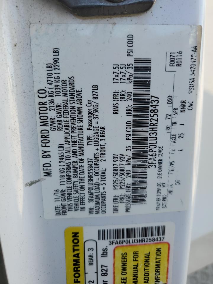 2017 Ford Fusion Se Hybrid VIN: 3FA6P0LU3HR258437 Lot: 93448525