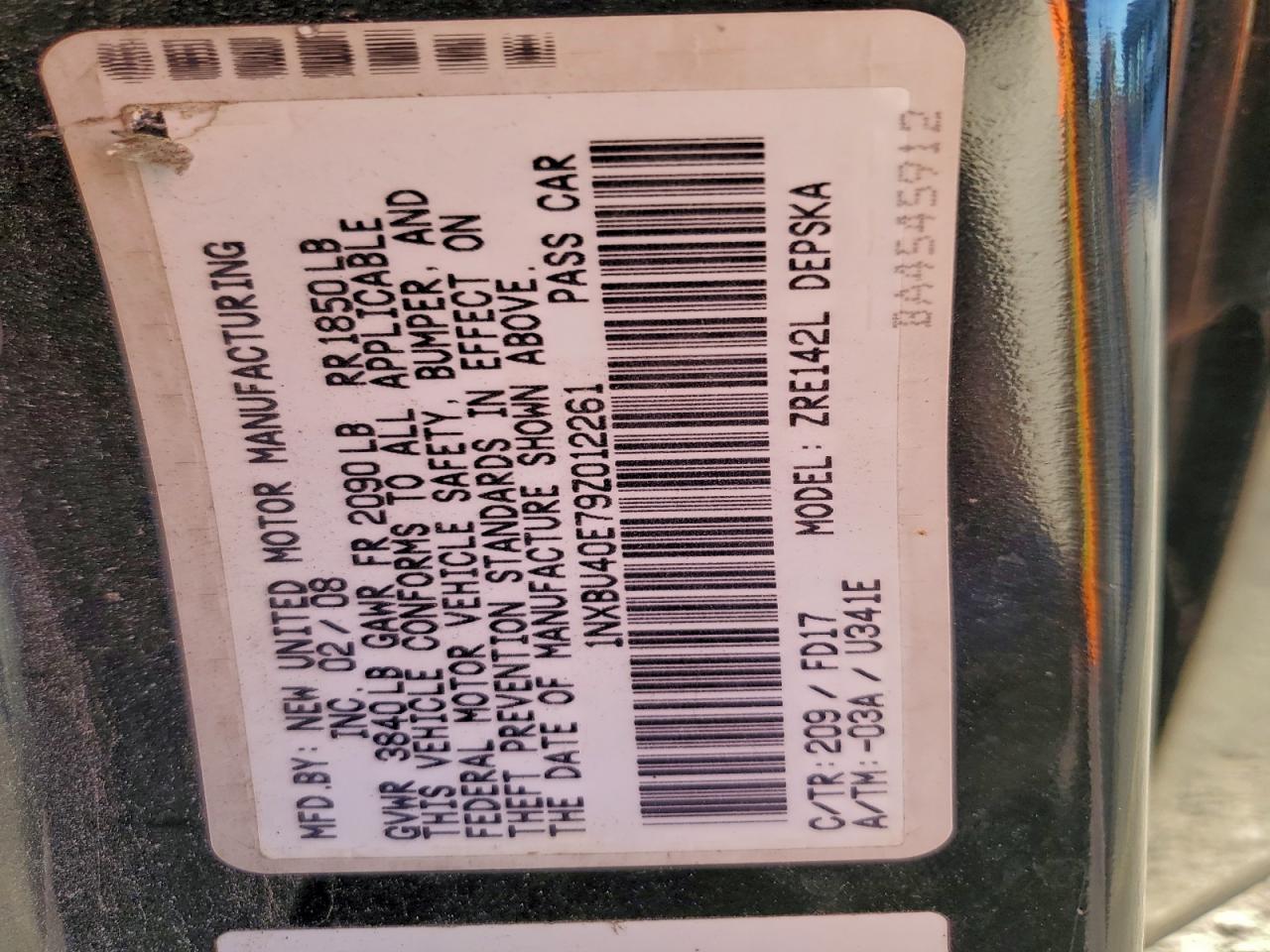 2009 Toyota Corolla Base VIN: 1NXBU40E79Z012261 Lot: 94807595