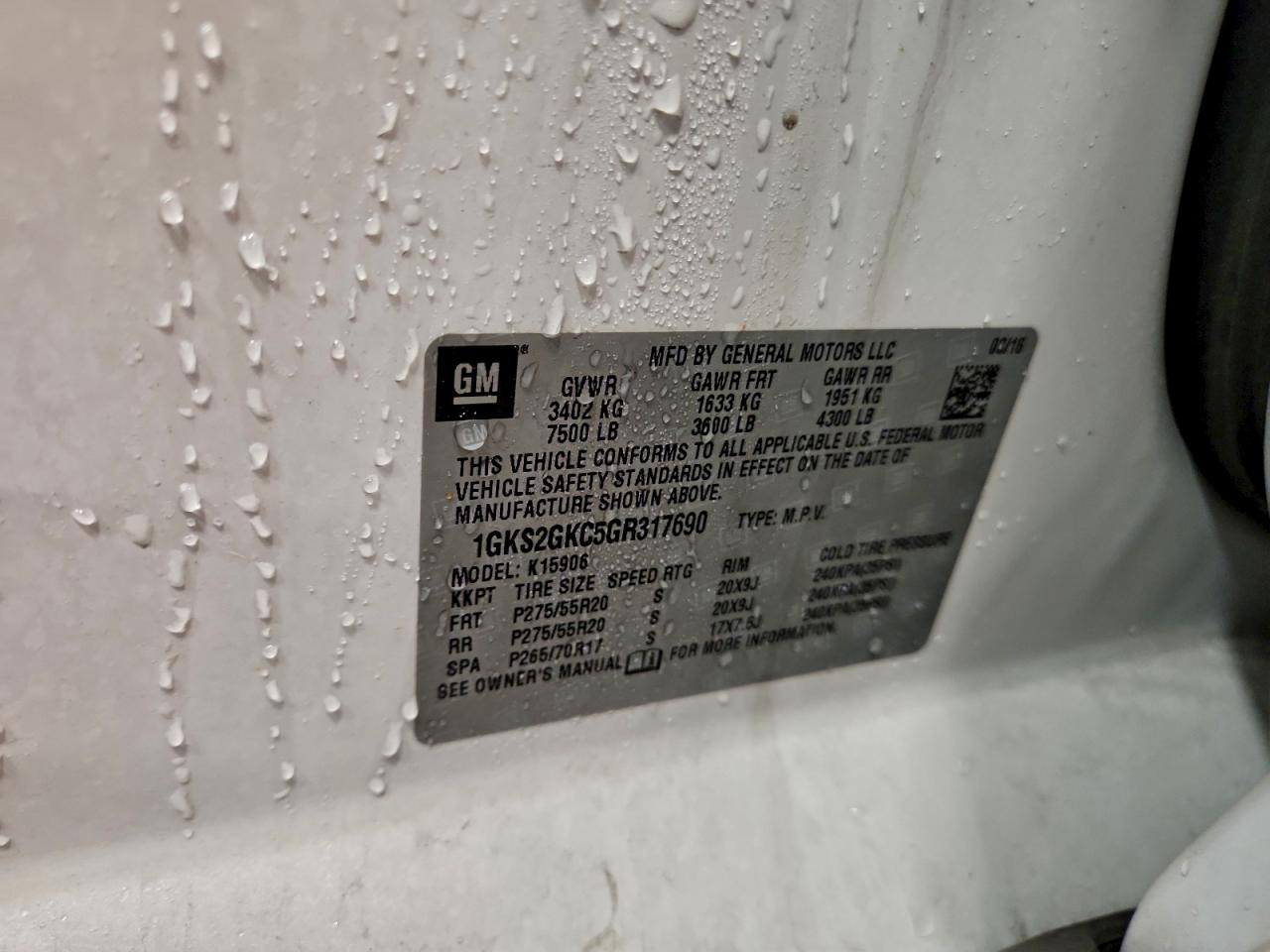 2016 GMC Yukon Xl K1500 Slt VIN: 1GKS2GKC5GR317690 Lot: 93115585