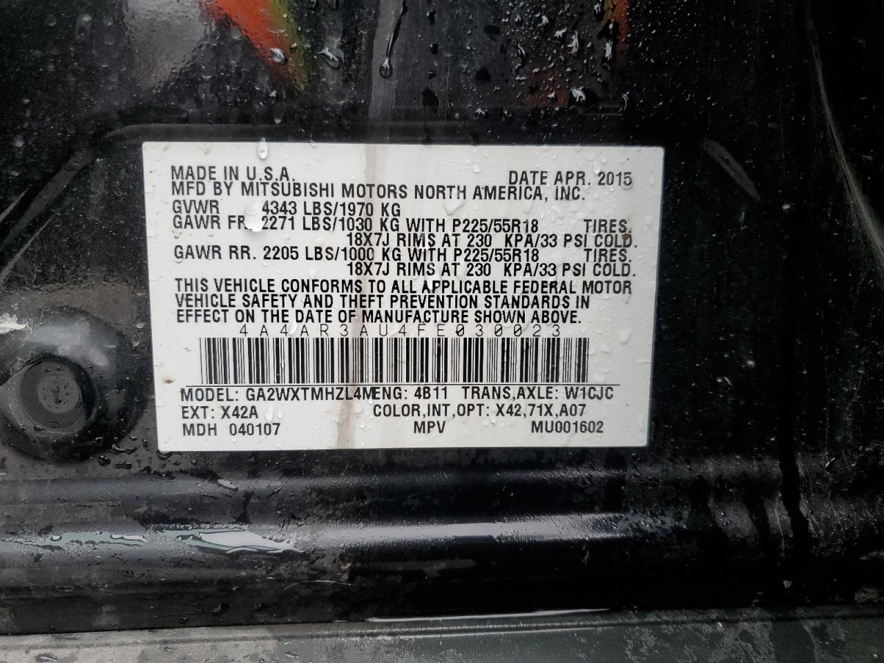 2015 Mitsubishi Outlander Sport Es VIN: 4A4AR3AU4FE030023 Lot: 92482875