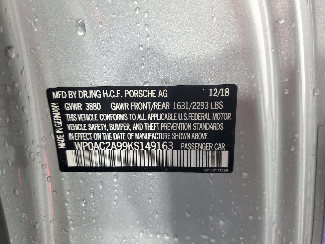2019 Porsche 911 Gt3 Rs VIN: WP0AC2A99KS149163 Lot: 91493095