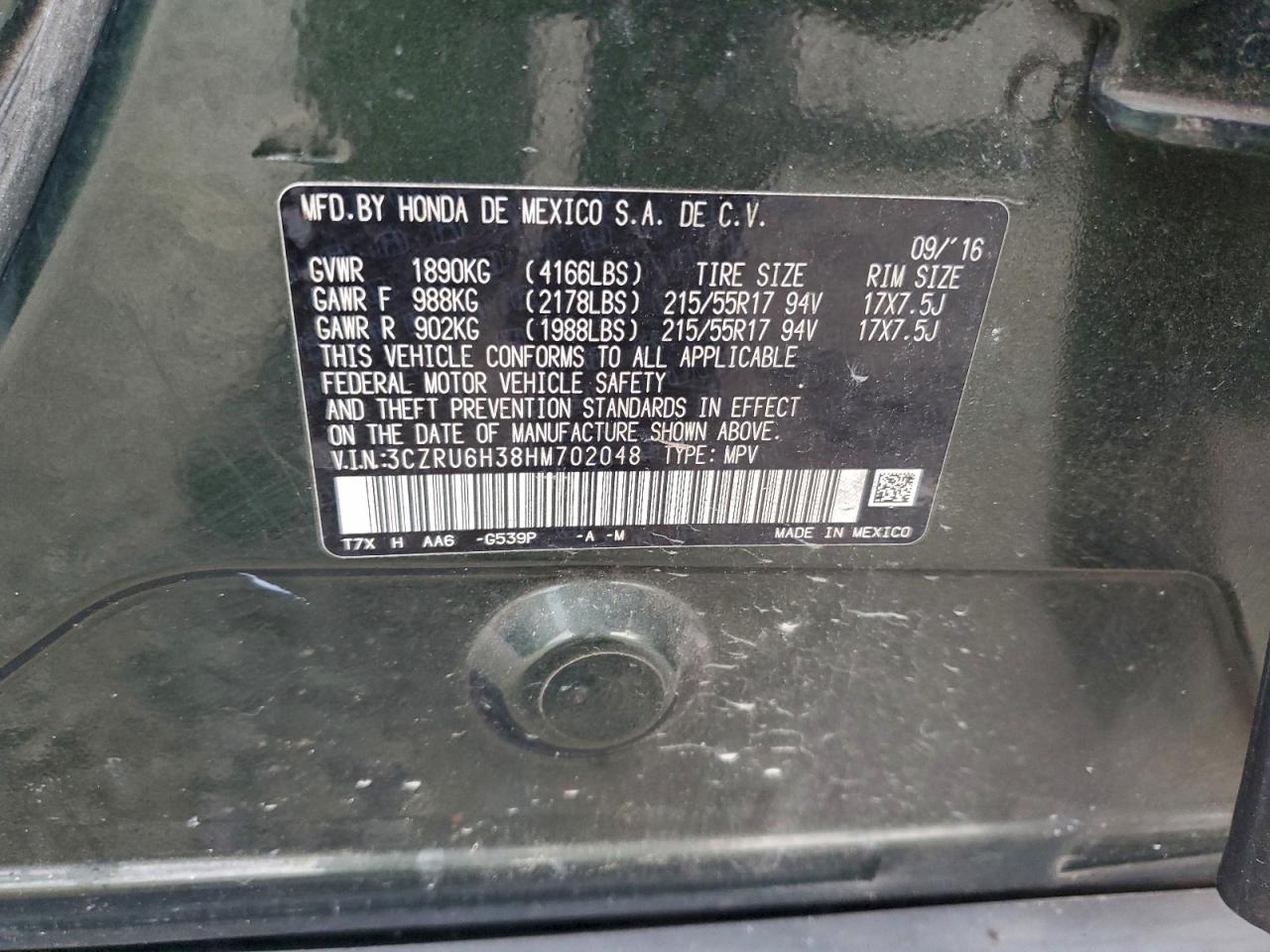 2017 Honda Hr-V Lx VIN: 3CZRU6H38HM702048 Lot: 94439085