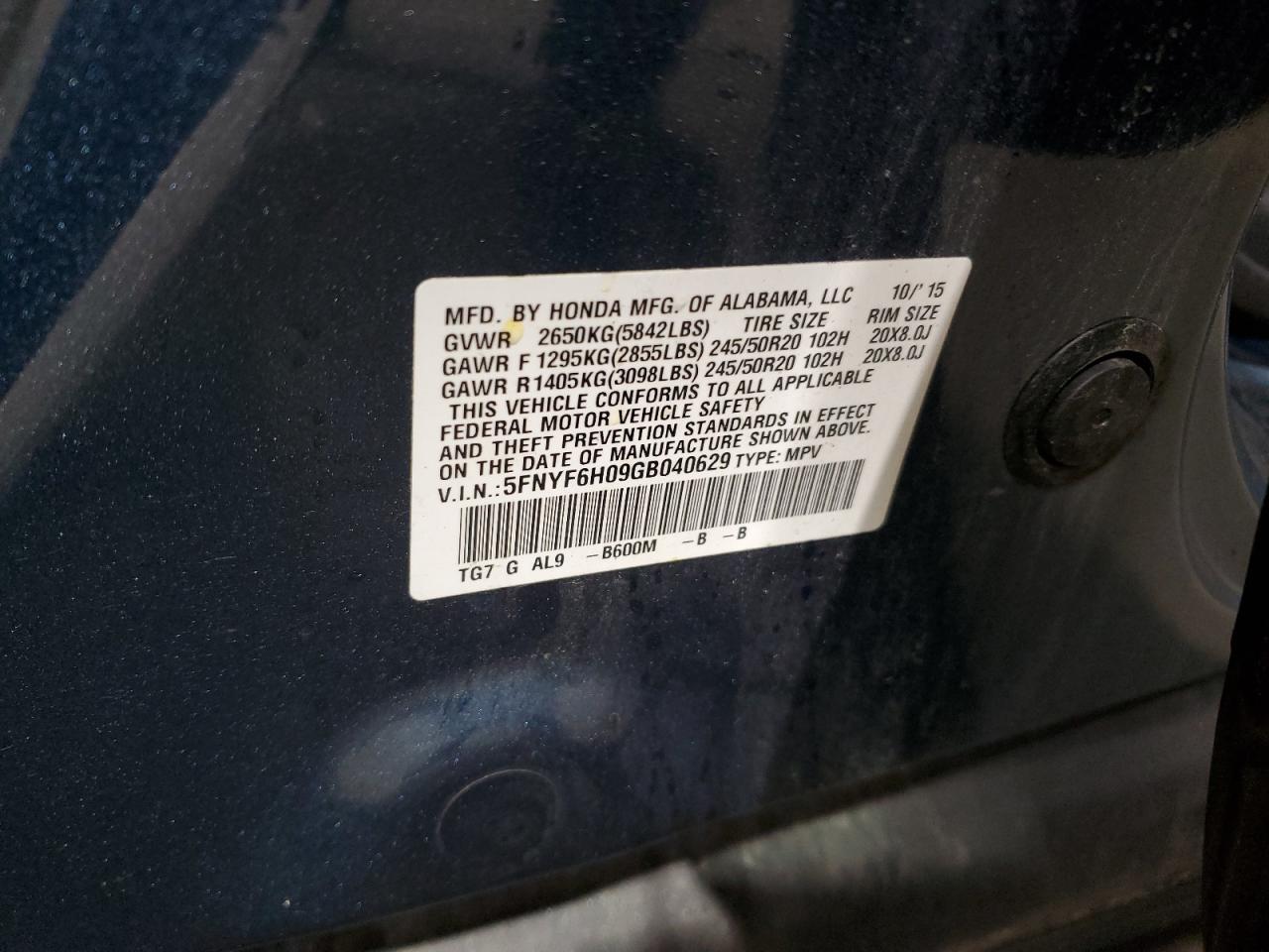 2016 Honda Pilot Elite VIN: 5FNYF6H09GB040629 Lot: 93504575