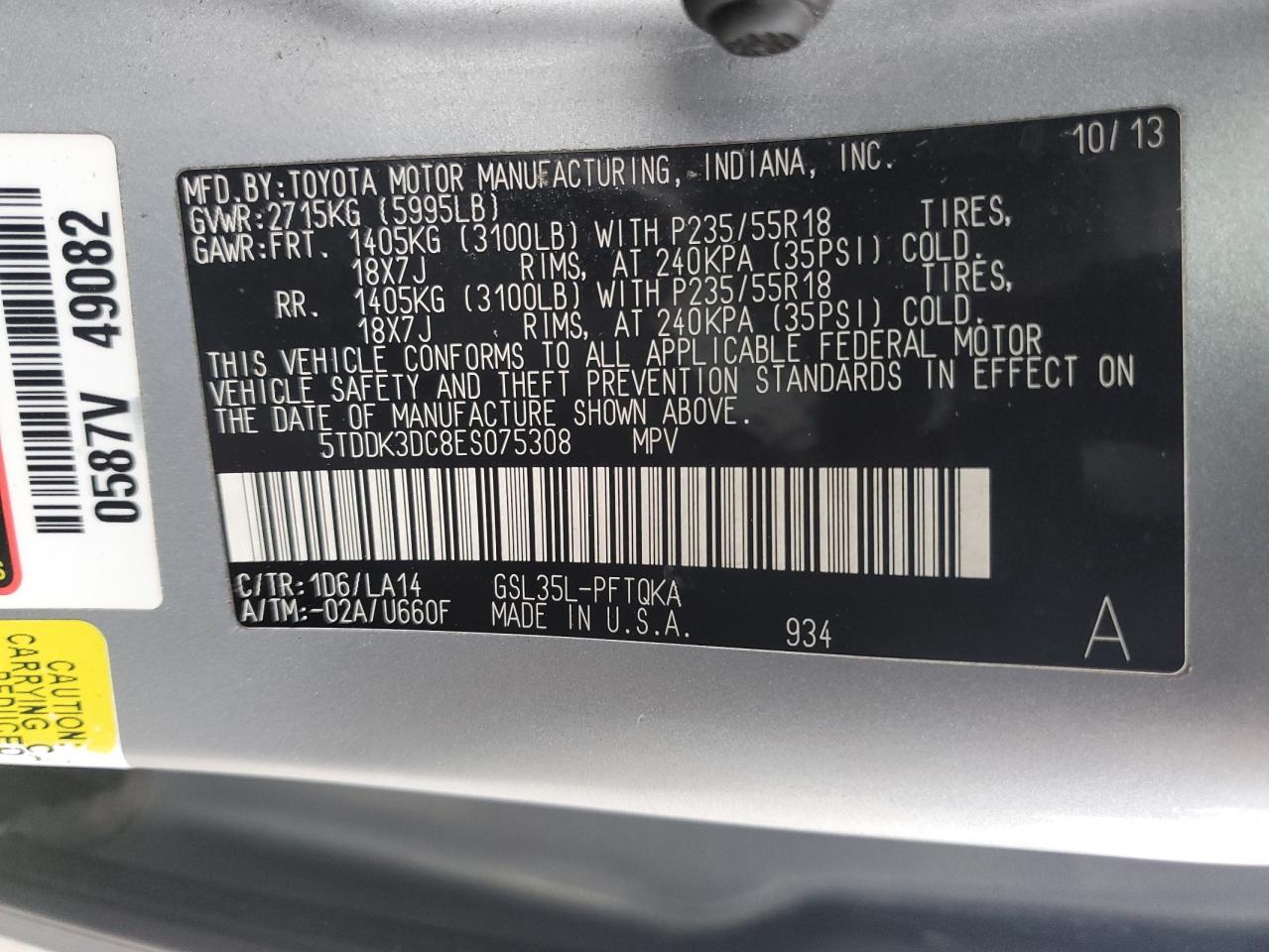 2014 Toyota Sienna Xle VIN: 5TDDK3DC8ES075308 Lot: 91330775