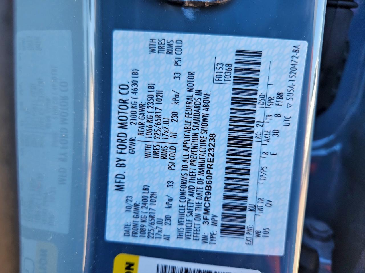 2023 Ford Bronco Sport Big Bend VIN: 3FMCR9B60PRE23238 Lot: 94150055