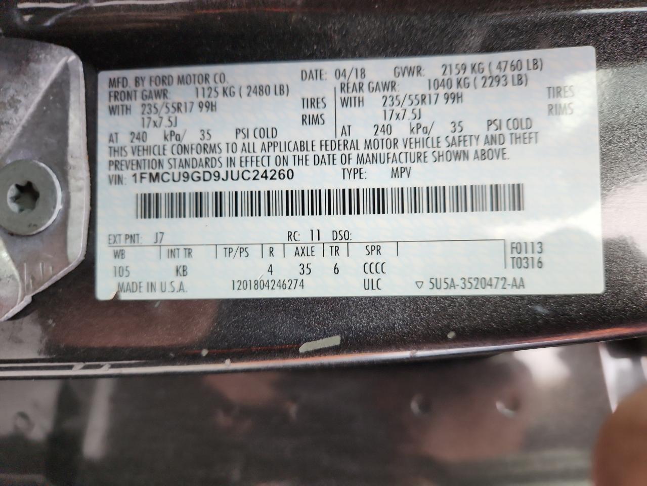 2018 Ford Escape Se VIN: 1FMCU9GD9JUC24260 Lot: 90630455