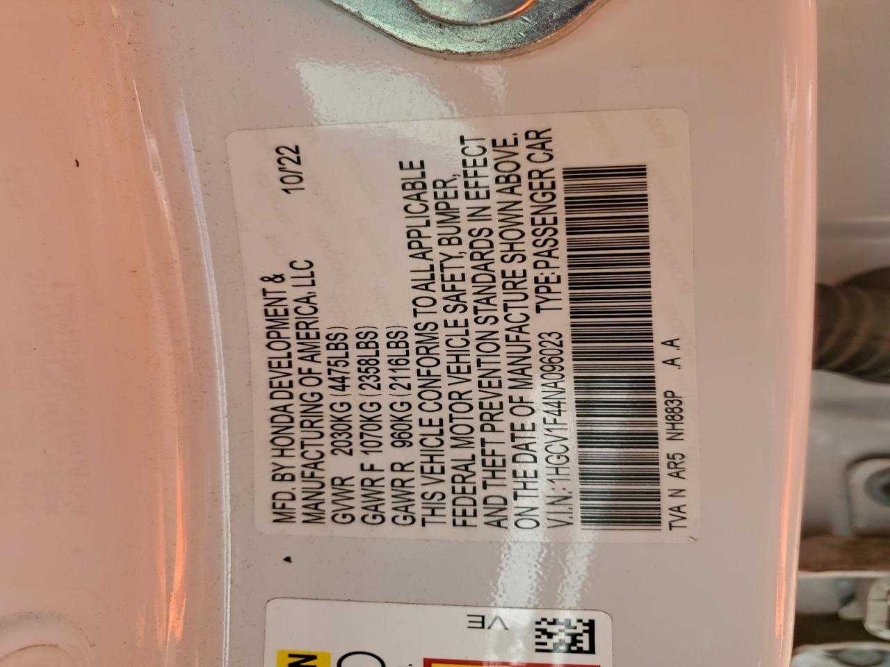 2022 Honda Accord Sport Se VIN: 1HGCV1F44NA096023 Lot: 94063605