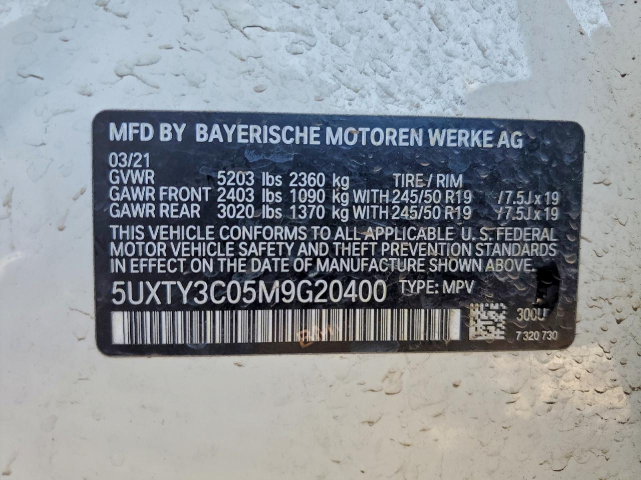 2021 BMW X3 Sdrive30I VIN: 5UXTY3C05M9G20400 Lot: 92704865