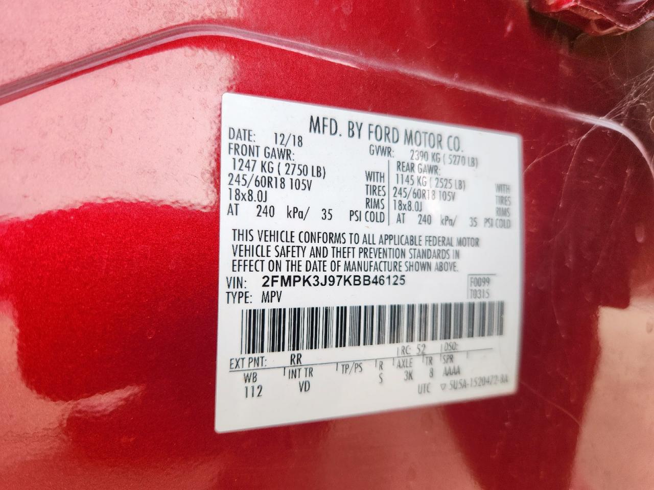 2019 Ford Edge Sel VIN: 2FMPK3J97KBB46125 Lot: 93370785