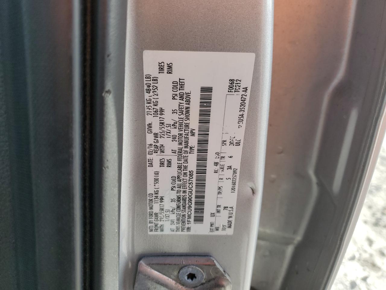 2016 Ford Escape Se VIN: 1FMCU9G90GUC57085 Lot: 91860385