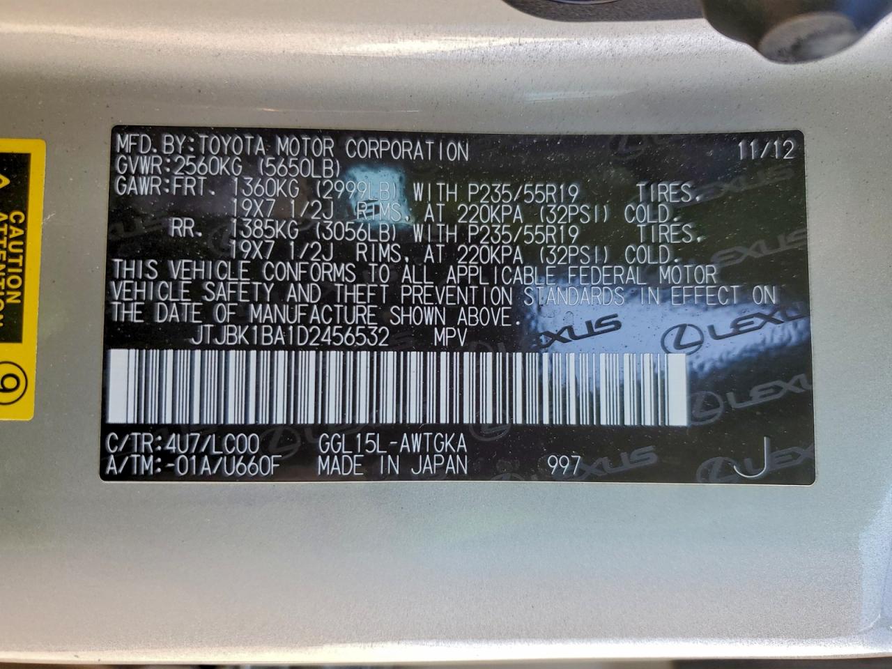 2013 Lexus Rx 350 Base VIN: JTJBK1BA1D2456532 Lot: 94346835