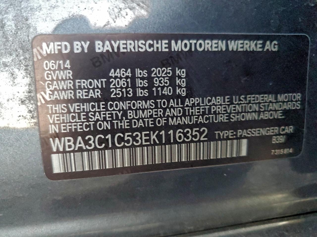 2014 BMW 328 I Sulev VIN: WBA3C1C53EK116352 Lot: 93779685