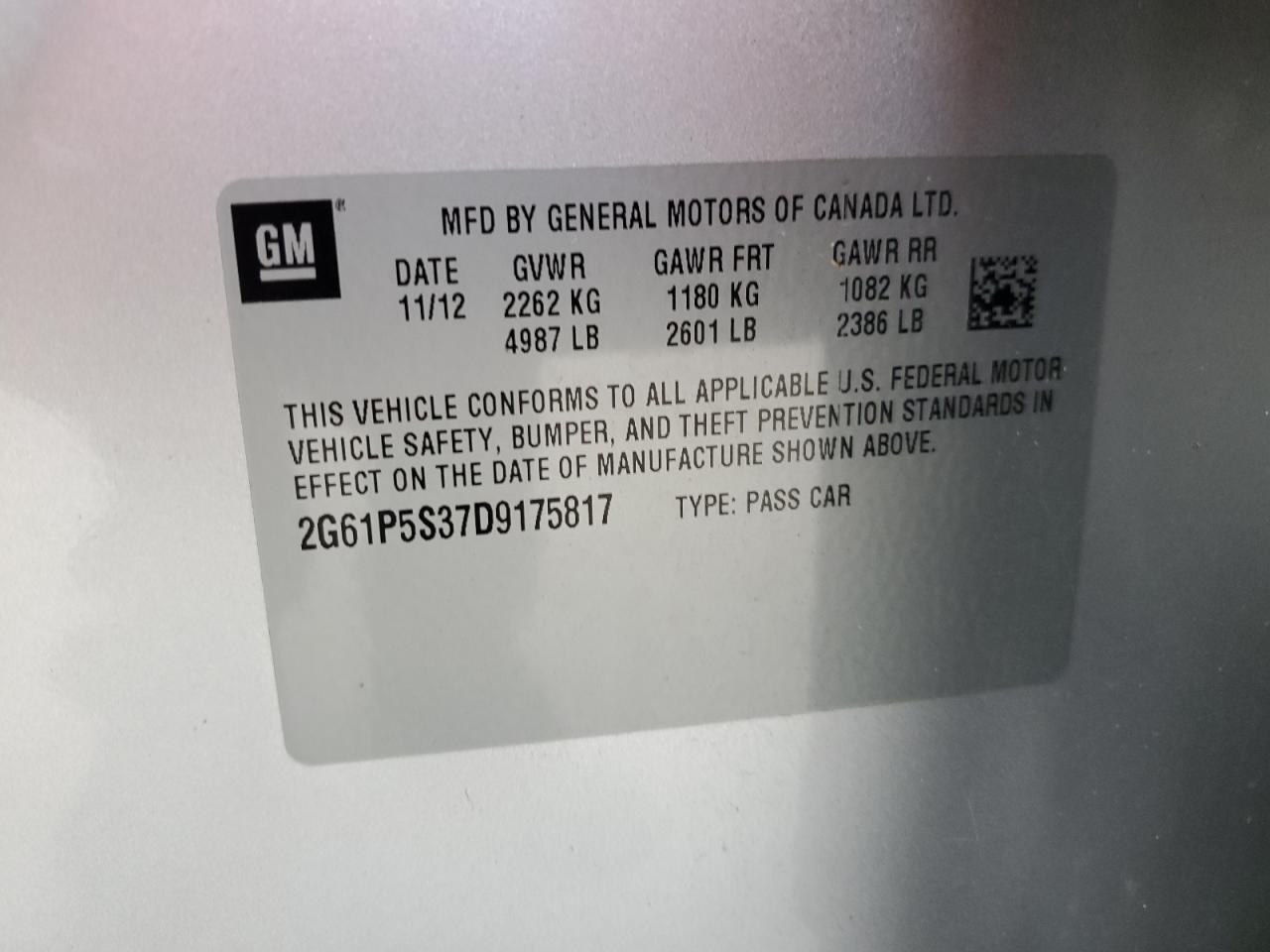 2013 Cadillac Xts Luxury Collection VIN: 2G61P5S37D9175817 Lot: 92605075