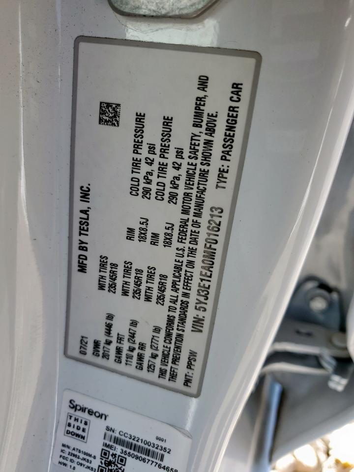 2021 Tesla Model 3 VIN: 5YJ3E1EA0MF016213 Lot: 92117795