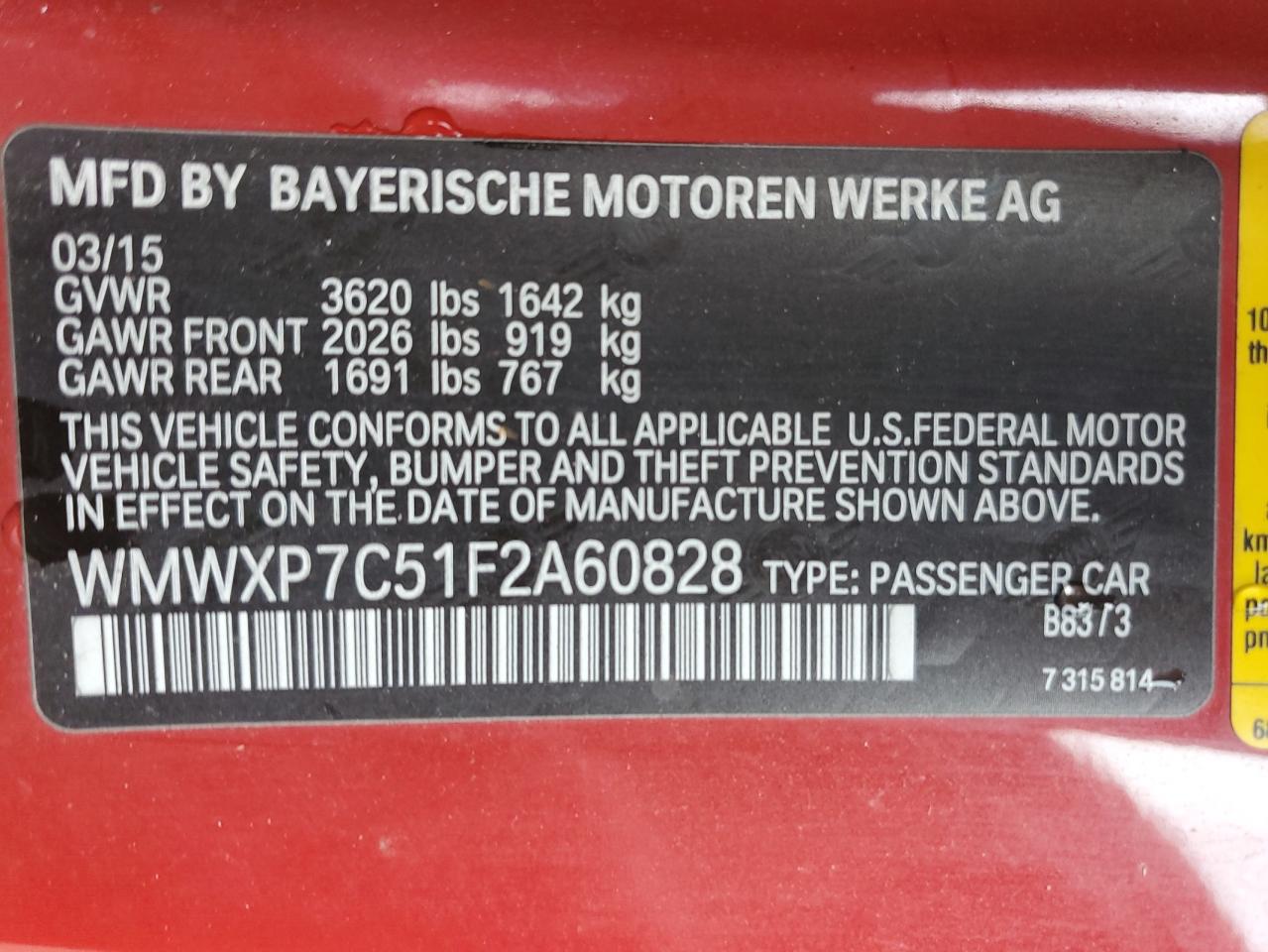 2015 Mini Cooper S VIN: WMWXP7C51F2A60828 Lot: 92098035