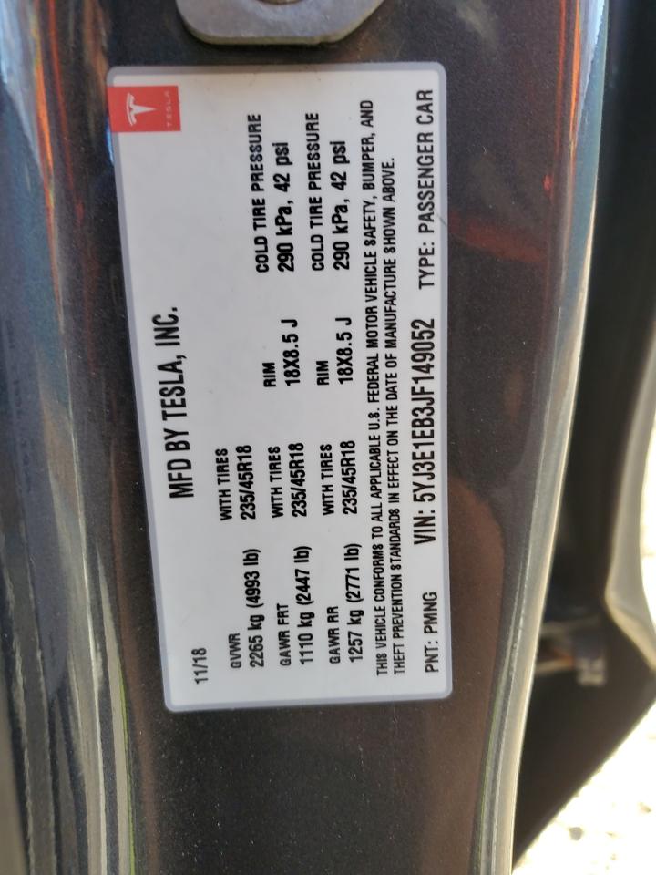 2018 Tesla Model 3 VIN: 5YJ3E1EB3JF149052 Lot: 91004455