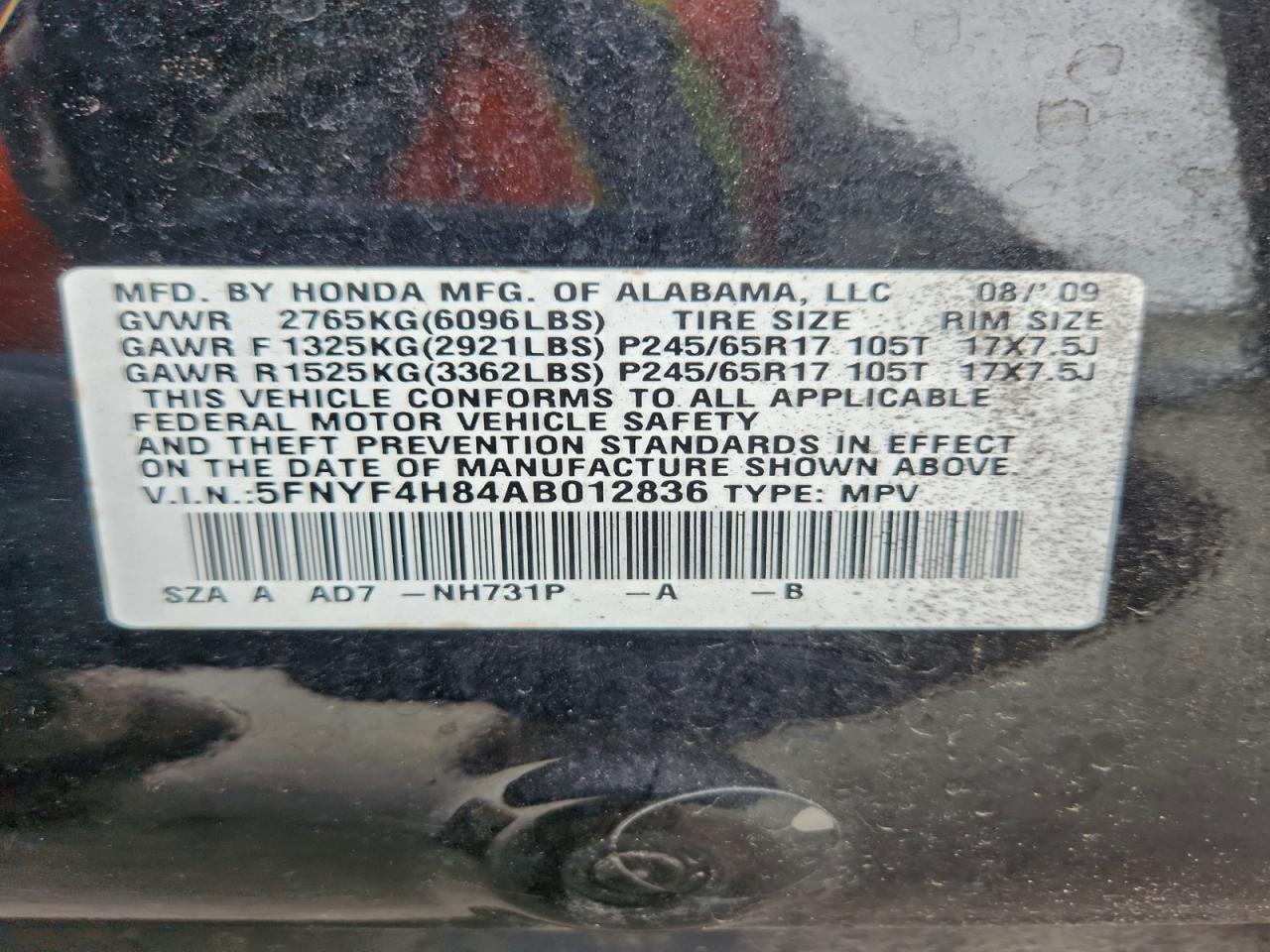 2010 Honda Pilot Touring VIN: 5FNYF4H84AB012836 Lot: 94067265