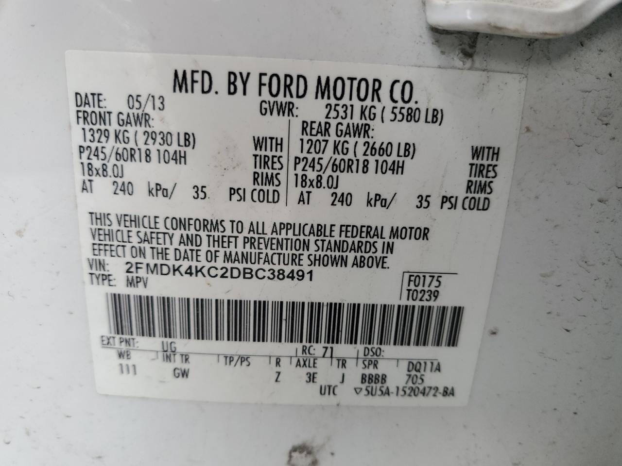 2013 Ford Edge Limited VIN: 2FMDK4KC2DBC38491 Lot: 91708655