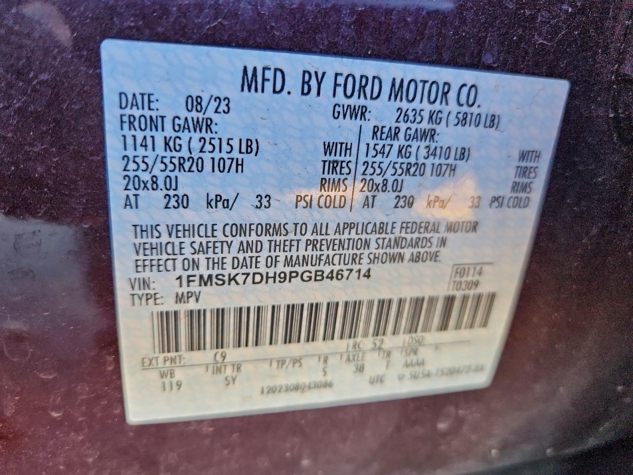 2023 Ford Explorer Xlt VIN: 1FMSK7DH9PGB46714 Lot: 94372455