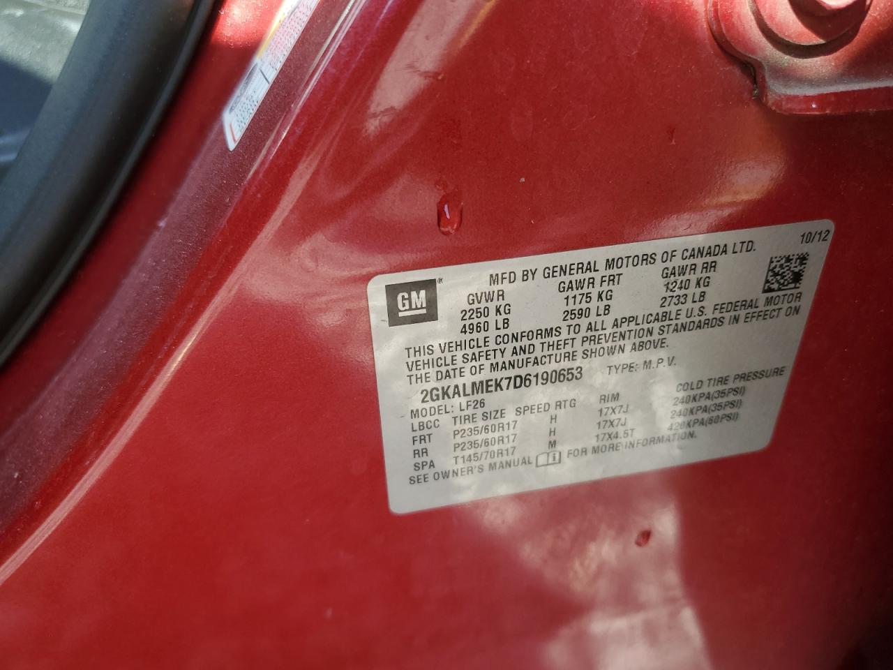 2013 GMC Terrain Sle VIN: 2GKALMEK7D6190653 Lot: 92346275