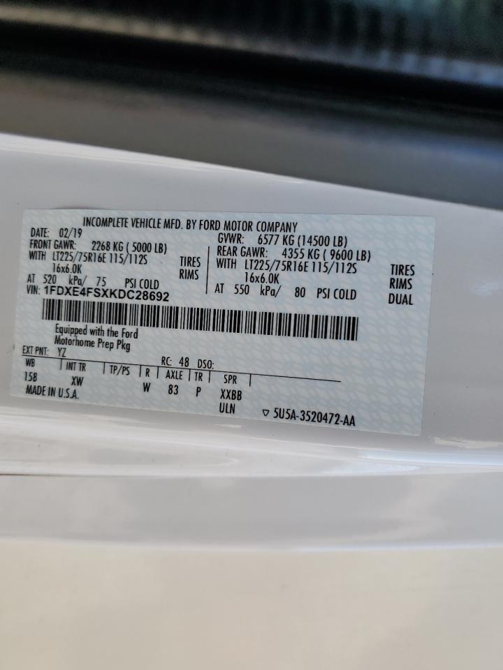 2019 Ford Econoline E450 Super Duty Cutaway Van VIN: 1FDXE4FSXKDC28692 Lot: 92243385