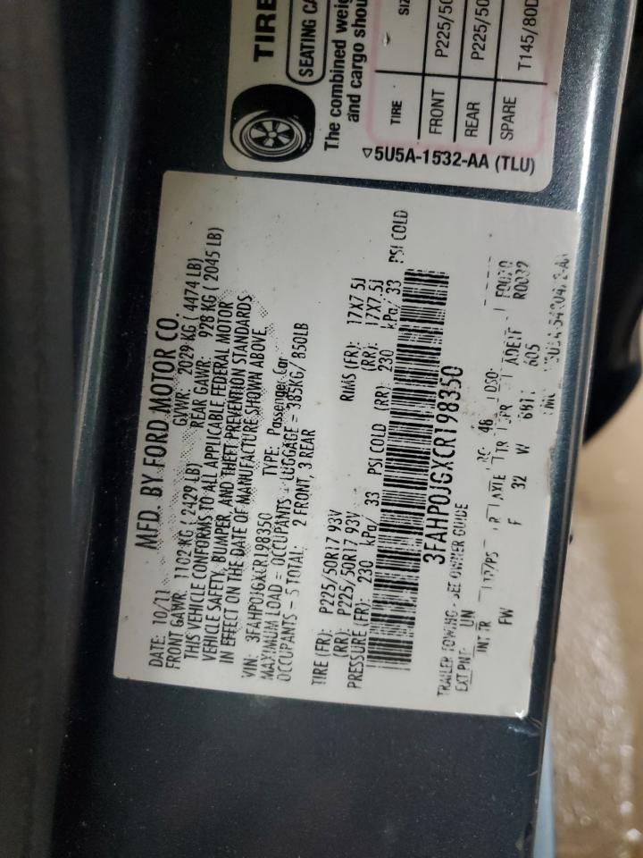 2012 Ford Fusion Sel VIN: 3FAHP0JGXCR198350 Lot: 91222645