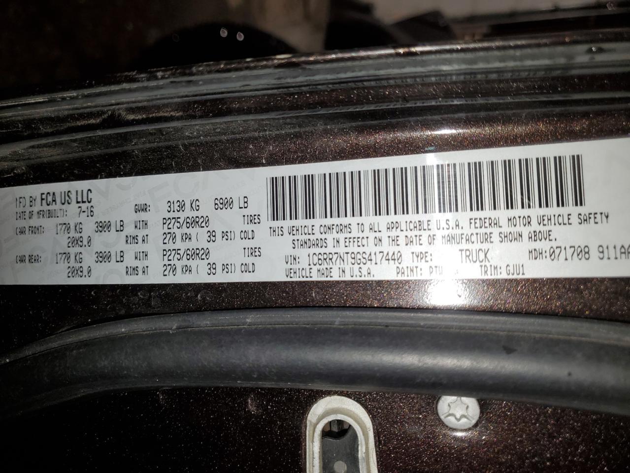 2016 Ram 1500 Laramie VIN: 1C6RR7NT9GS417440 Lot: 92321415